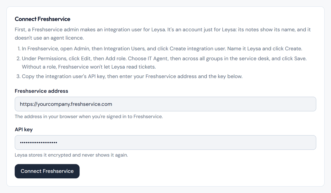 The Connect Freshservice form in Leysa, with the Freshservice address and API key filled in