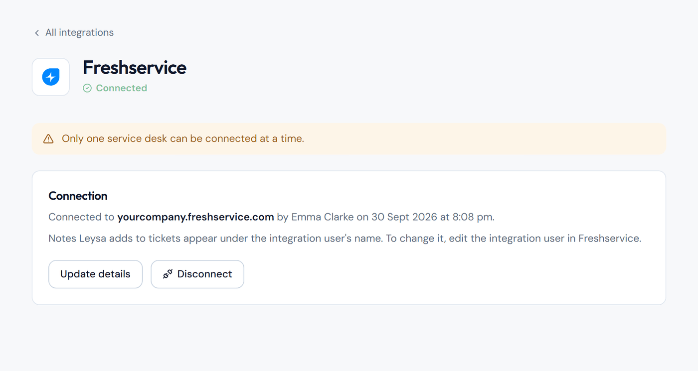 The Freshservice page in Leysa showing Connected, the Freshservice address, and the Update details and Disconnect buttons