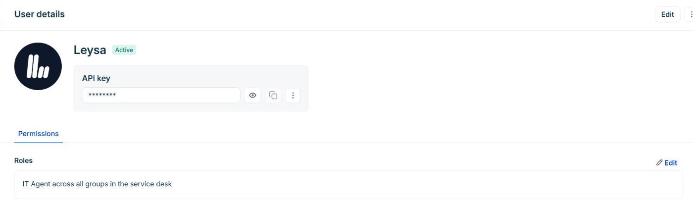 The Leysa integration user in Freshservice, showing its API key hidden as stars and the role IT Agent across all groups in the service desk