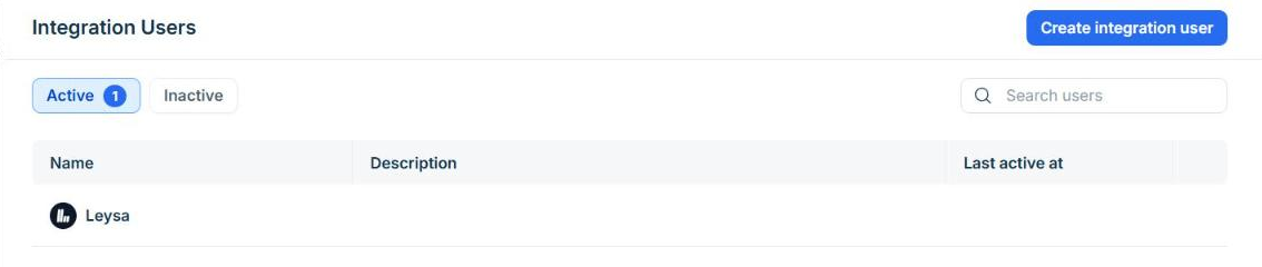 The Integration Users page in Freshservice, with the Create integration user button