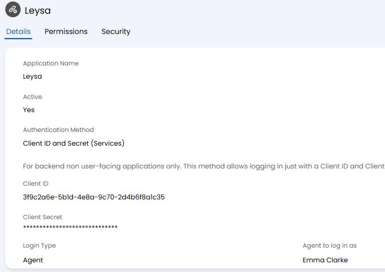 The Leysa API application in Halo, showing Client ID and Secret (Services) as the authentication method, Agent as the login type, and the agent it logs in as