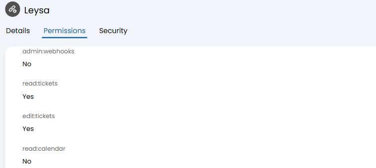 The Permissions tab of the API application in Halo, with read:tickets and edit:tickets set to Yes and the others set to No