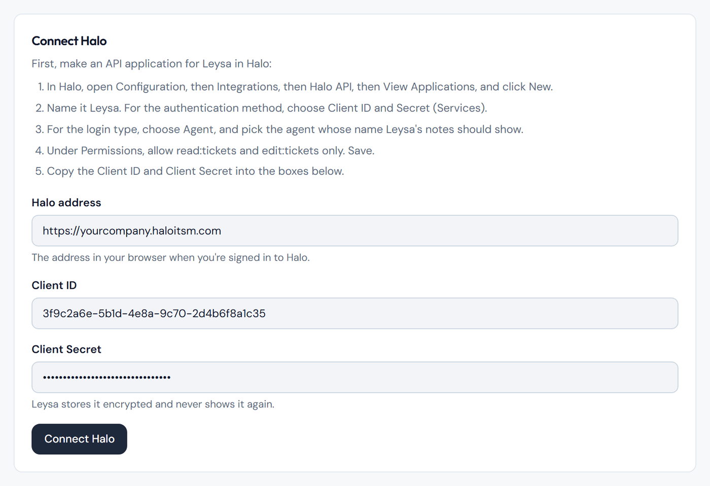 The Connect Halo form in Leysa, with the Halo address, Client ID and Client Secret filled in