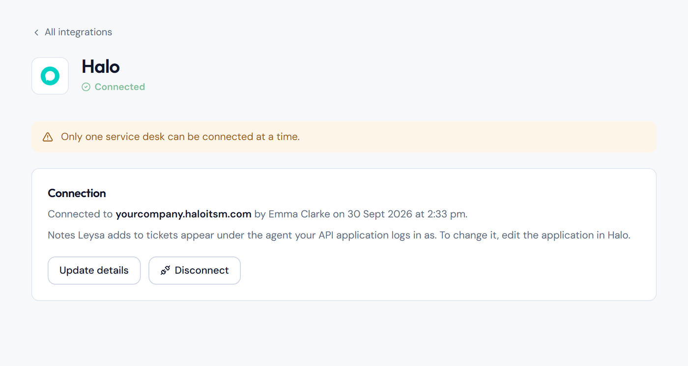 The Halo page in Leysa showing Connected, the Halo address, and the Update details and Disconnect buttons