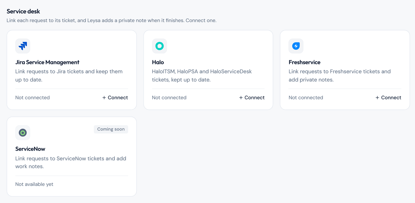 The Service desk section of the Integrations page in Leysa, with a Connect link on each card