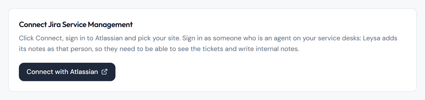 The Connect Jira Service Management card in Leysa, with the Connect with Atlassian button