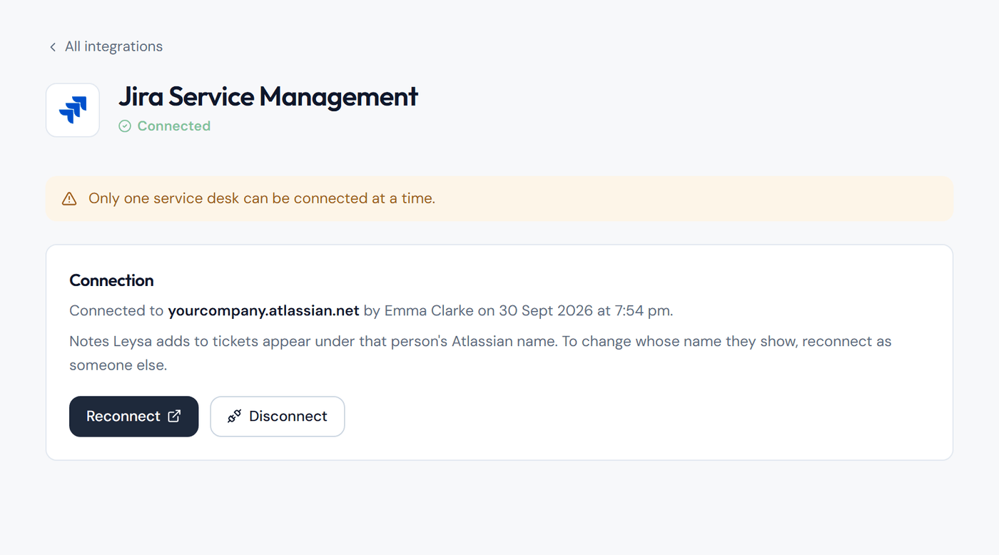 The Jira Service Management page in Leysa showing Connected, the site address, and the Reconnect and Disconnect buttons