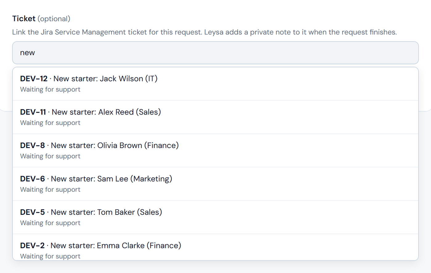 The Ticket box on an automation form, with matching Jira Service Management tickets listed underneath