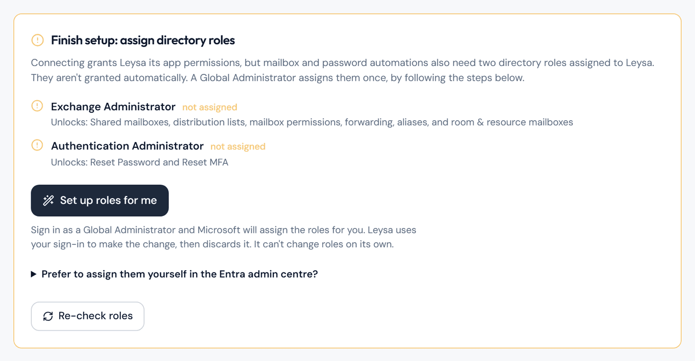 The Finish setup panel in Leysa, listing the two roles as not assigned, with the Set up roles for me and Re-check roles buttons