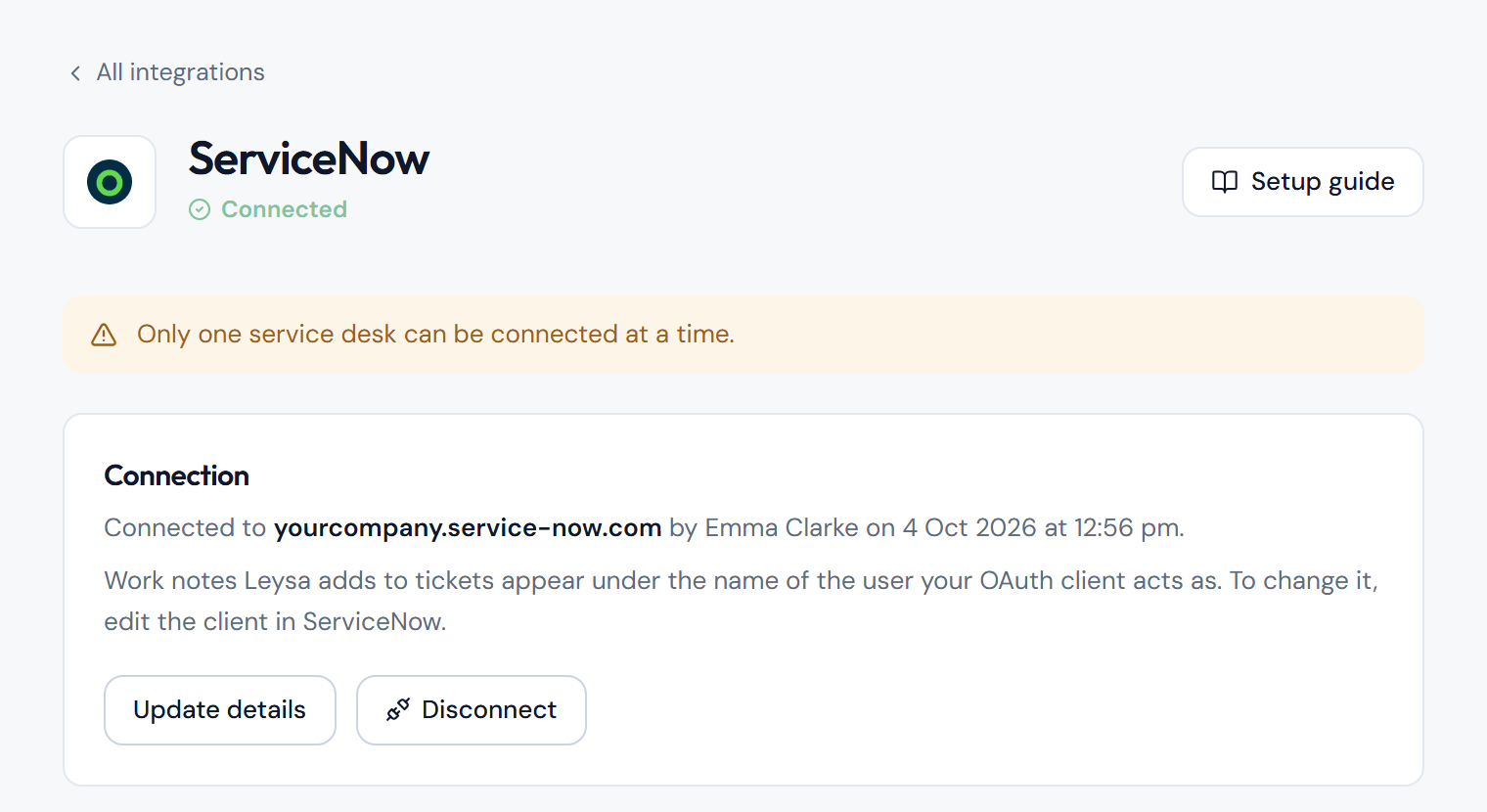 The ServiceNow page in Leysa showing Connected, the ServiceNow address, and the Update details and Disconnect buttons