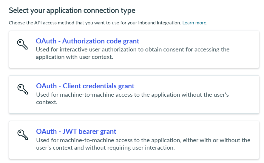 The Select your application connection type window in ServiceNow, listing OAuth - Authorization code grant, OAuth - Client credentials grant and OAuth - JWT bearer grant