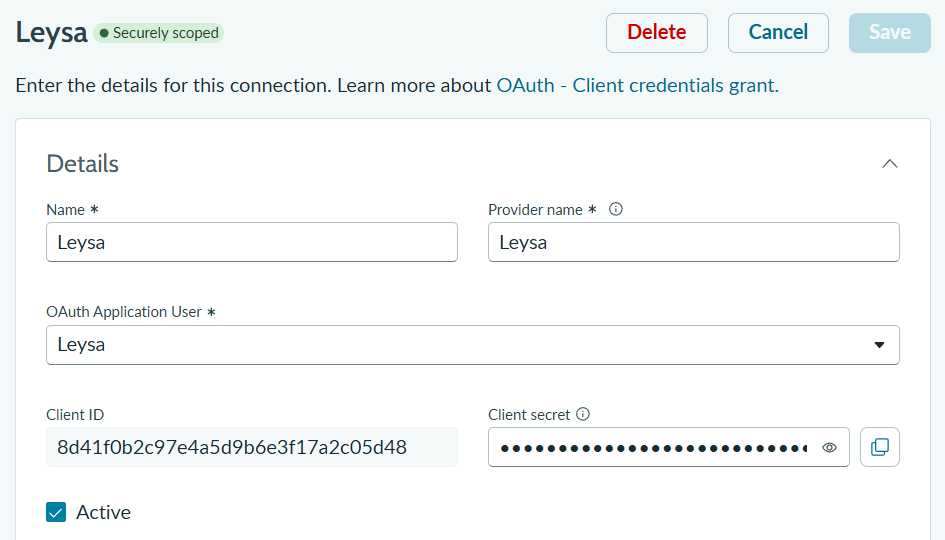 The saved Leysa integration in Machine Identity Console, marked Securely scoped, showing the Leysa user, the Client ID and the hidden Client secret with its copy button
