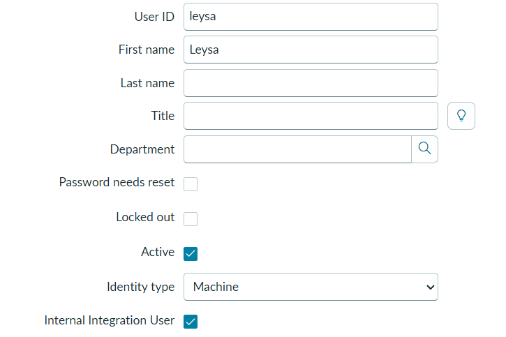 The Leysa user in ServiceNow, with User ID leysa, First name Leysa, Identity type Machine and Internal Integration User ticked